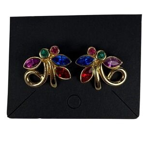 Vintage Gold Tone Rhinestone Earrings Colorful Floral 80s Art Deco